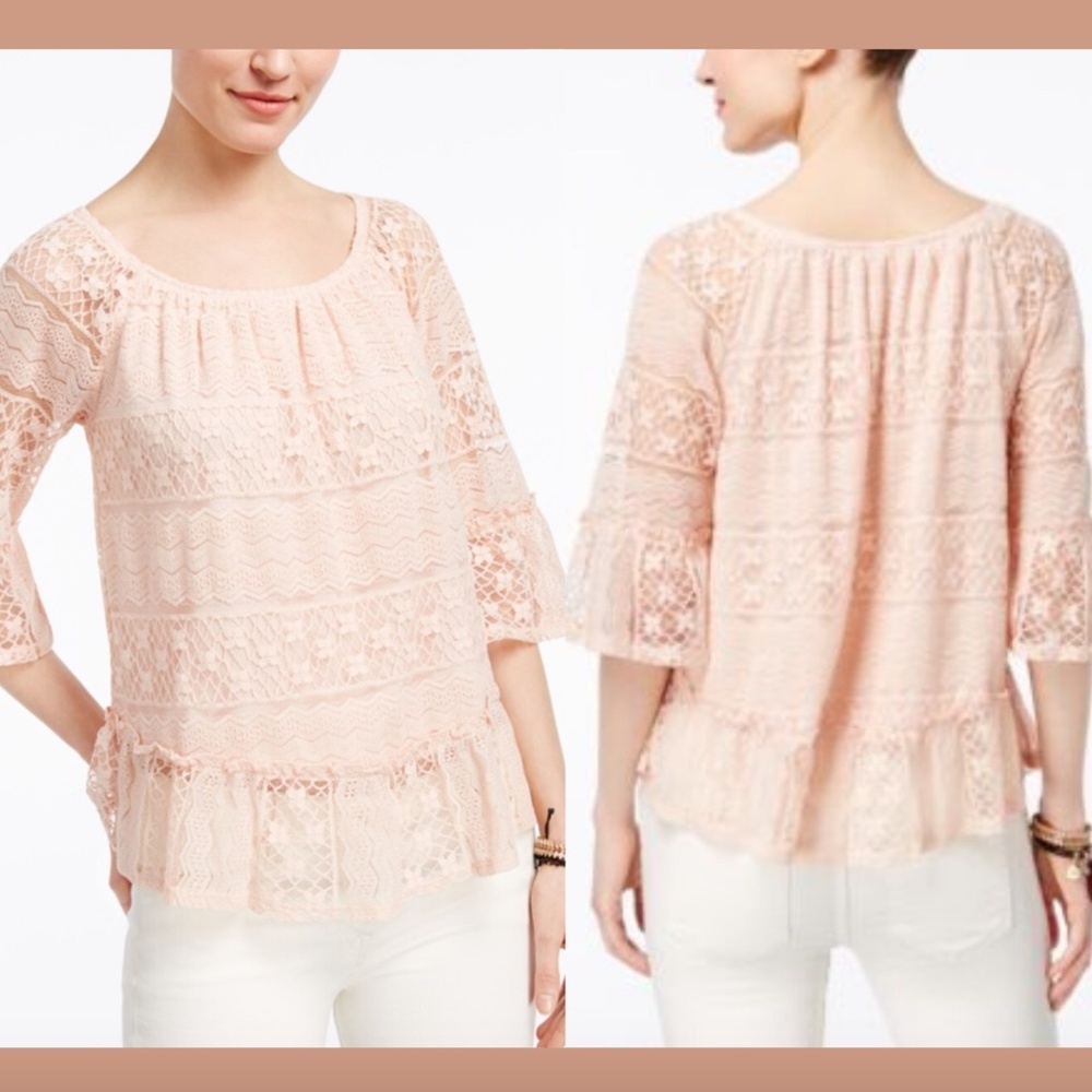 NWT $50 Style & Co Petite Lace Off-The-Shoulder Top Petal Pink [ SZ PM ]‎ #3228